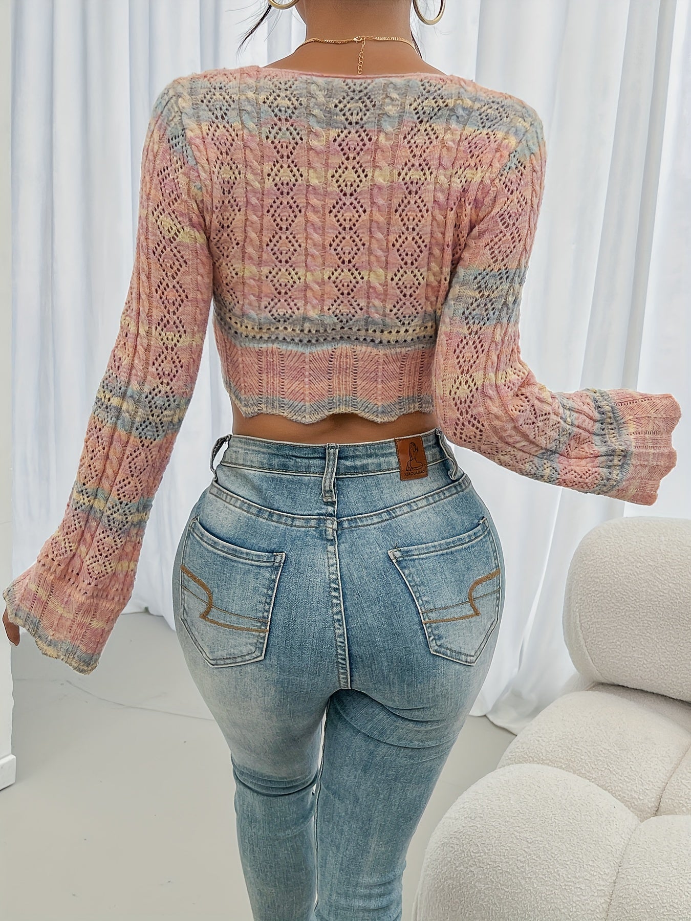 Space Dye Drawstring Front Knitted Pullover - Elegant Flared Long Sleeve Scallop Trim Crop Top - Women's Clothing - For Women - Suitable for Casual Wear - Perfect Gift for Fashionable Ladies